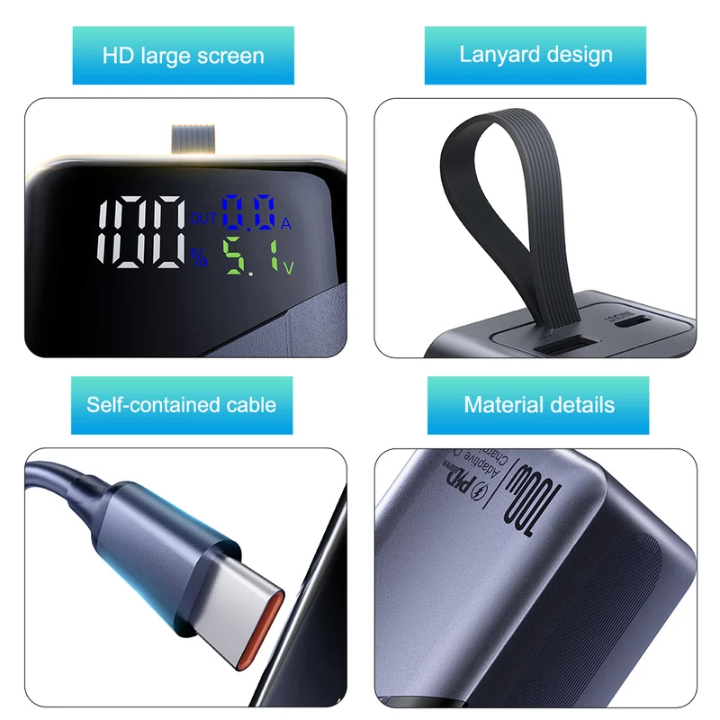20000mAh Portable Laptop Power Bank PD100W High Power Super Fast Charging Built-in Data Cable