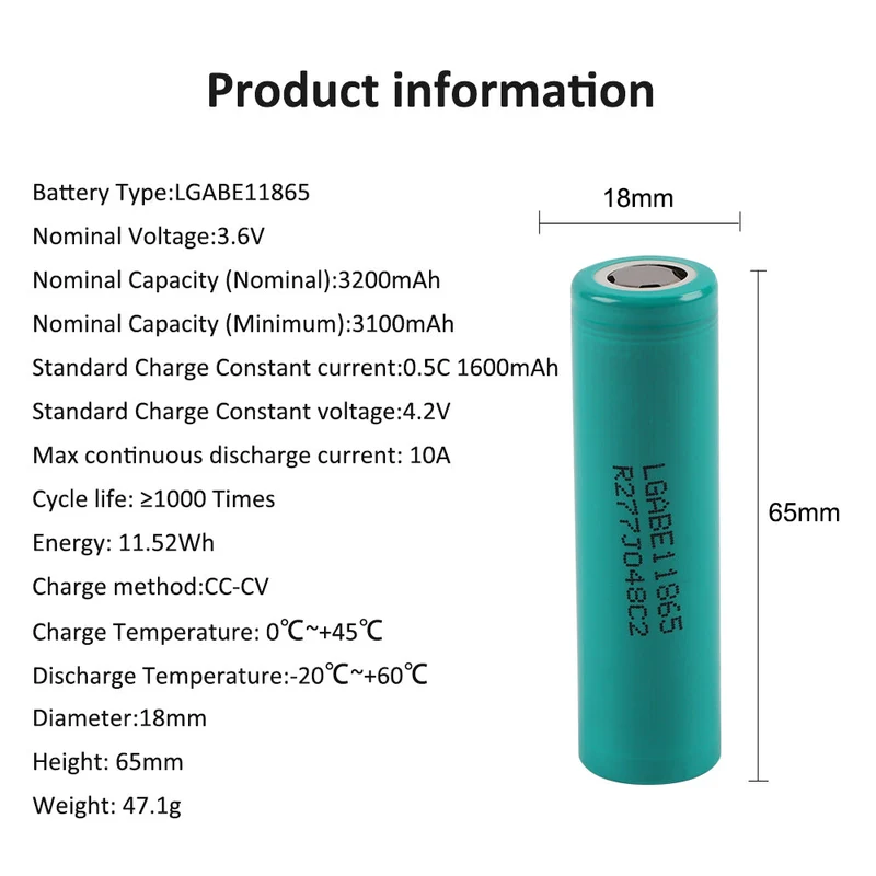 6PCS 18650 3.7V Rechargeable 3200mAh Li-ion Battery Cell LGABE11865
