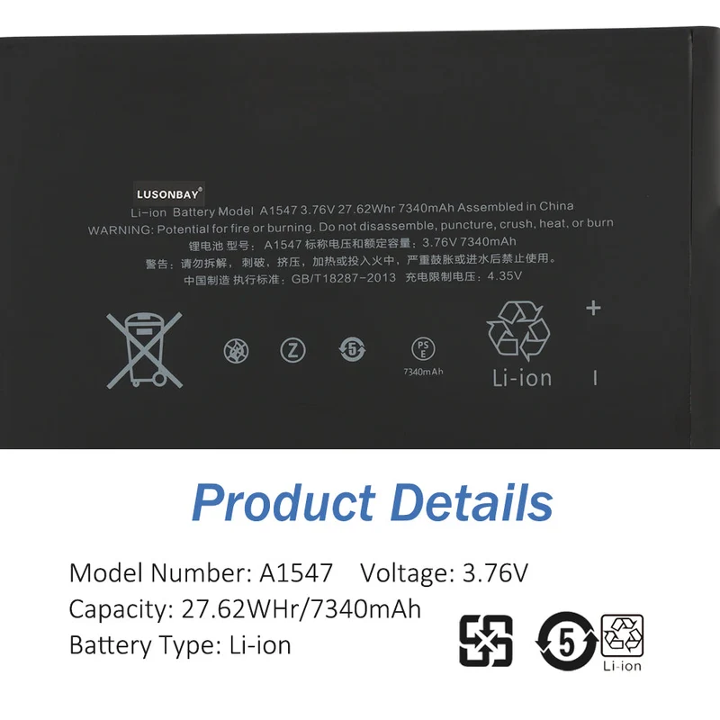 A1547 Tablet Battery For iPad Air 2 A1566 A1567 A1547 3.76V 27.62WH/7340mAh | LUSONBAY
