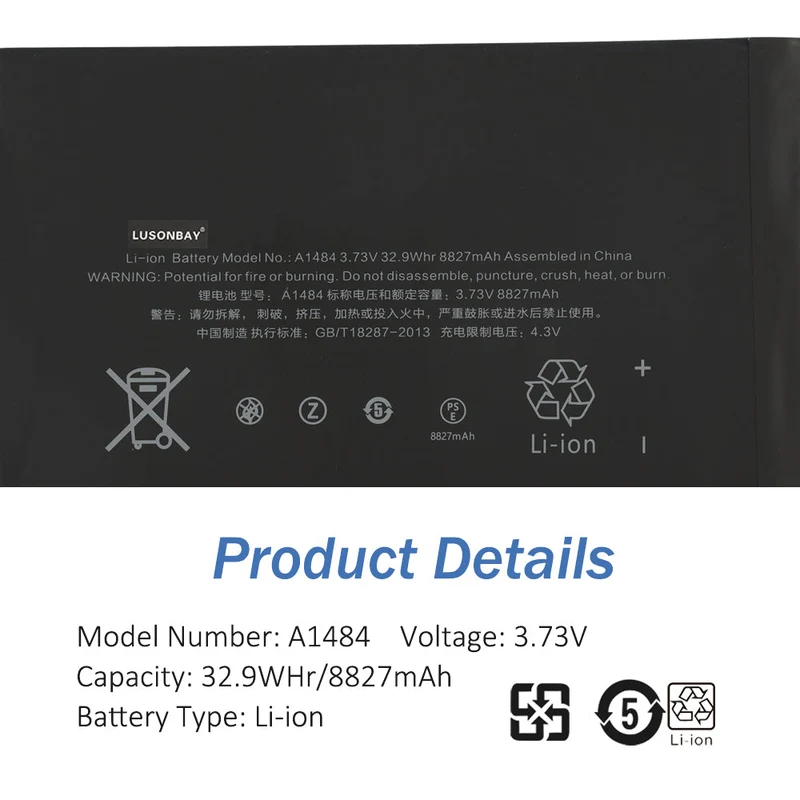 A1484 Tablet Battery for iPad Air 1 iPad 5 6 7 8 9 A1474 A1475 A1476 A1822 A1823 A1893 A1954 A2197 A2198 A2200 | LUSONBAY