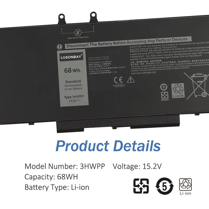 3HWPP Laptop Battery For Dell Latitude 5401 5501 5411 5410 5511 Precision 3541 3551 3550 P80F003 P80F004 15.2V 68Wh | LUSONBAY US Stock