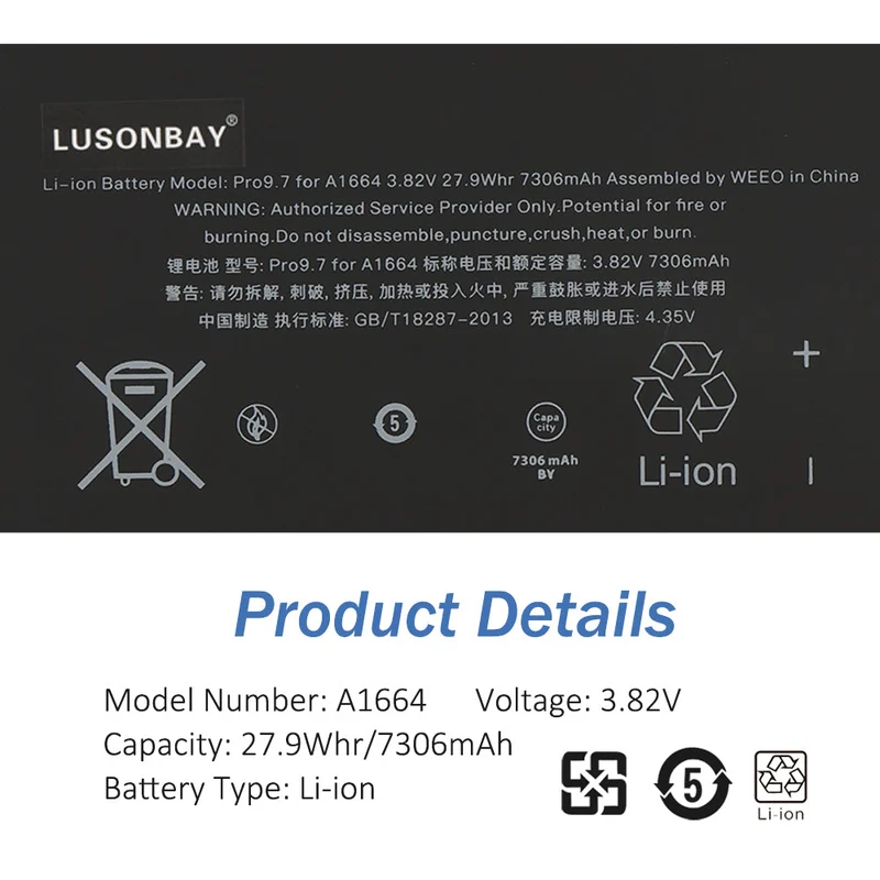 A1664 Tablet Battery For Apple iPad 7 Pro 9.7 inch A1673 A1674 A1675 LUSONBAY UK SHIP