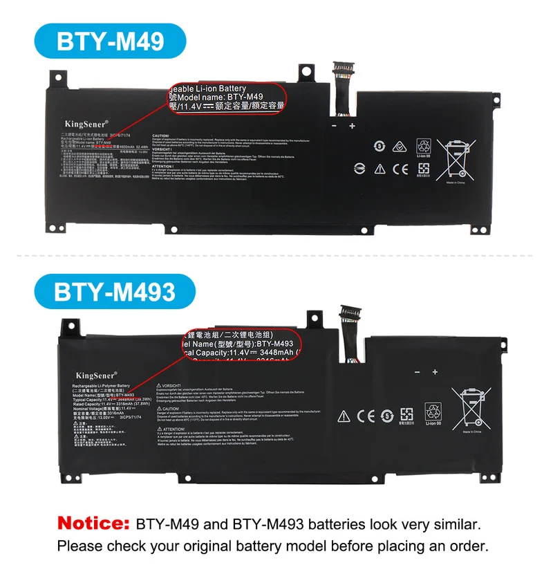 BTY-M493 Laptop Battery for MSI Prestige 14 i7-10710U MS-14C1 MS-14D1 A10RAS A10M A10SC A10SC-009 B10MW B10MW-017US Summit E14 A11SCS Series | KingSener