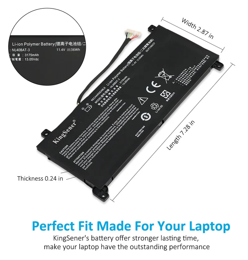 NL40BAT-3 Laptop Battery For CLEVO NL40CU NL41GU NL41LU NL51LU Mechrevo Creator Young 15 I3 6-87-NL40S-33G21 6-87-NL4CS-32B01 11.4V 36WH | KingSener