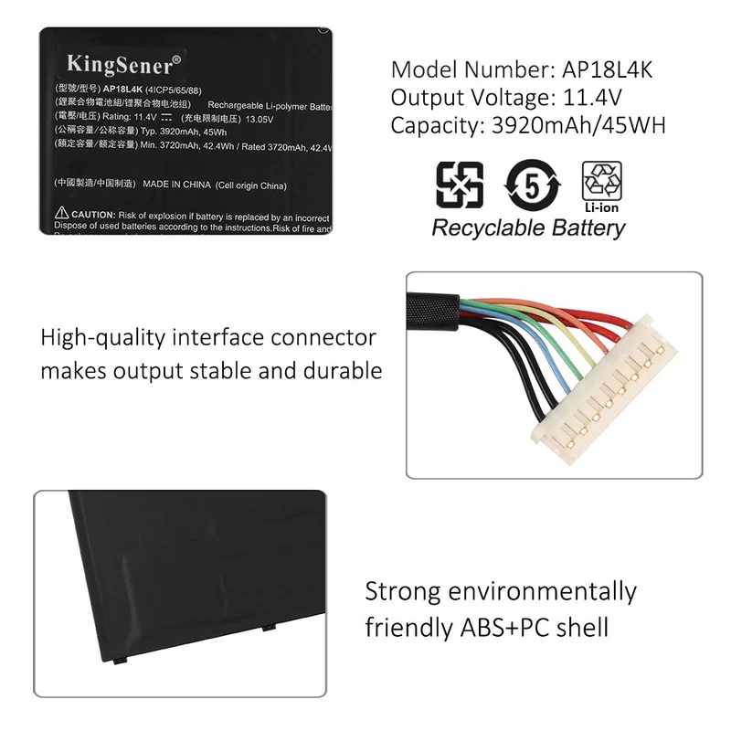 AP18L4K Laptop Battery For Acer TravelMate P6 P614 P614-51-G2 Series 4ICP5/65/88 11.4V 3920mAh/45WH | KingSener