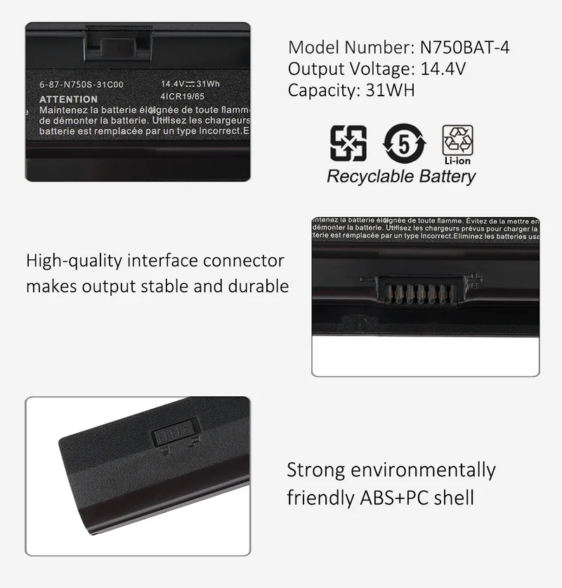 N750BAT-4 6-87-N750S-31C00 Laptop Battery For Clevo N750BU N751BU N750WU Notebook 6-87-N750S-4EB1 6-87-N750S-4EB2 6-87-N750S-3CF1 14.4V 31WH