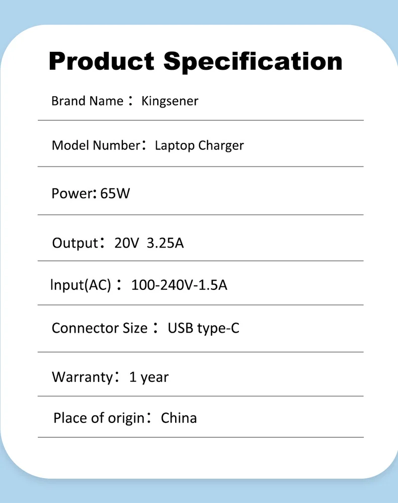 20V 3.25A Type C 65W Laptop Charger for HP, Lenovo, Dell, Acer, ASUS Supply Adapter Laptop Charger