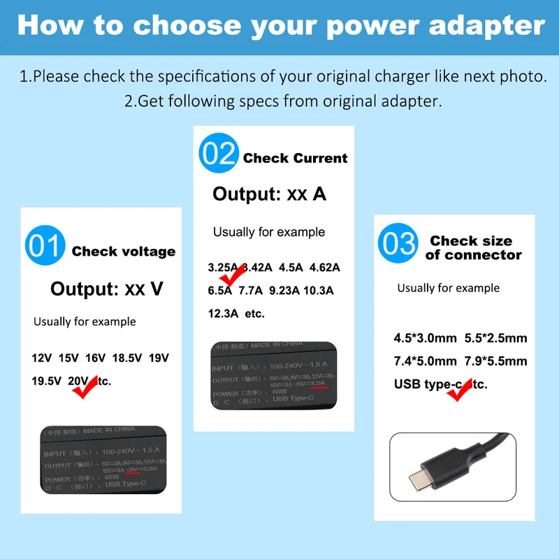 20V 3.25A Type C 65W Laptop Charger for HP, Lenovo, Dell, Acer, ASUS Supply Adapter Laptop Charger