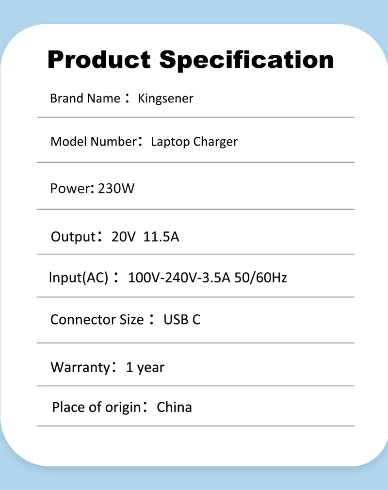 230W AC Adapter for Lenovo ThinkPad & IdeaPad – 20V 11.5A Charger