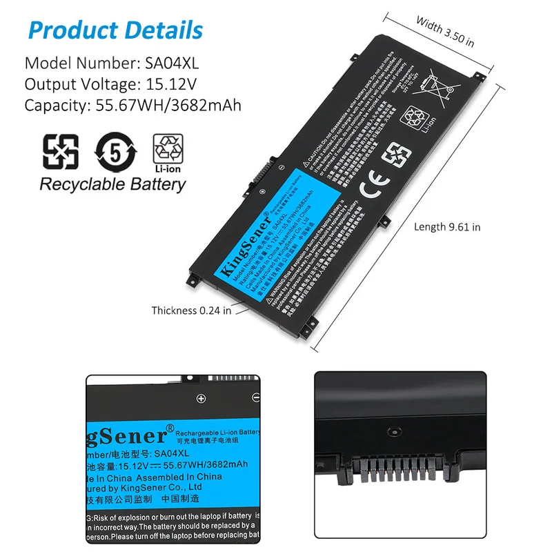 SA04XL HSTNN-UB7U HSTNN-OB1G Battery for HP Envy X360 Series — 55.67Wh 15.12V