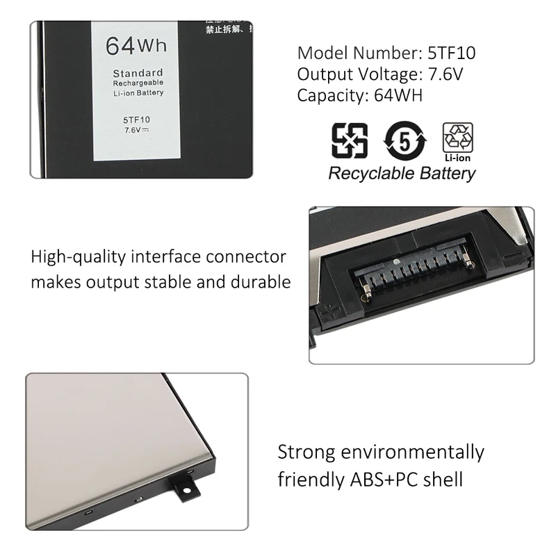 5TF10 Battery for Dell P34E P34E001 P34E002 Notebook 7.6V 64Wh