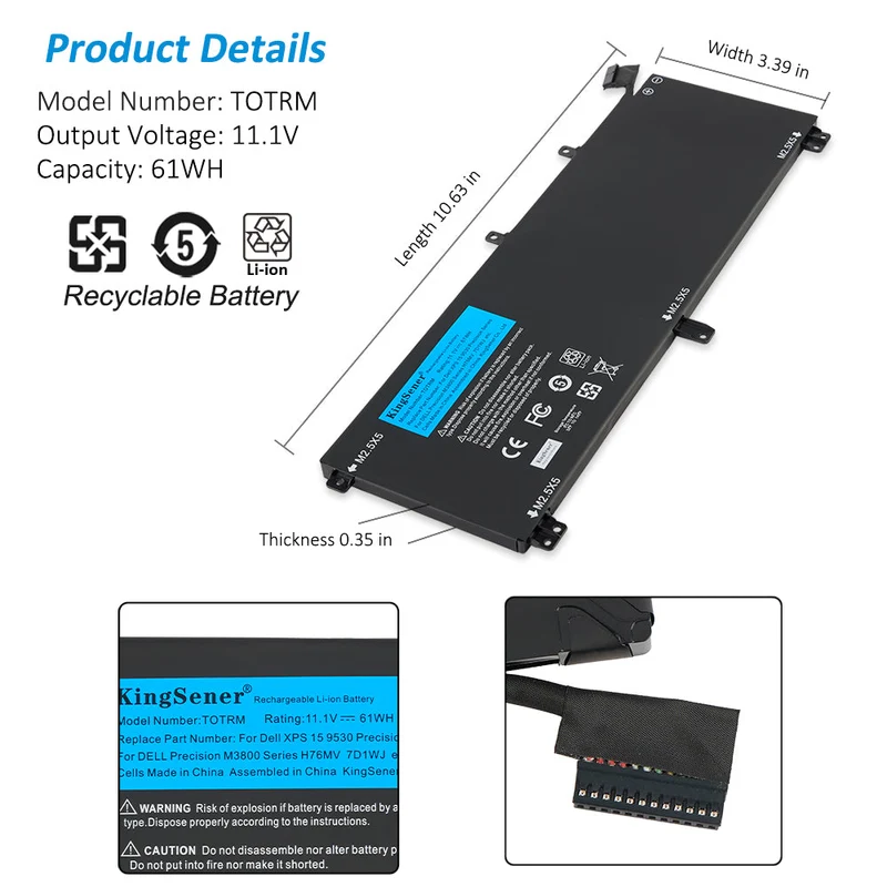 T0TRM Replacement Battery for Dell XPS 13 9350 9360 — 7.6V 60Wh