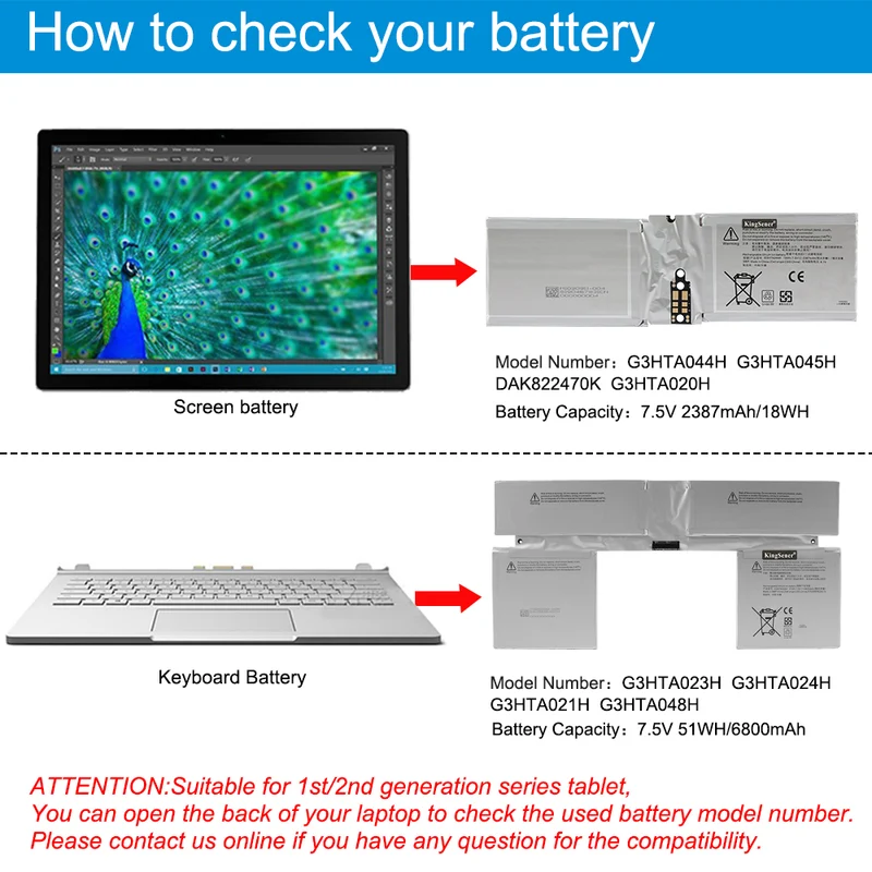 G3HTA044H G3HTA045H tablet battery For Microsoft Surface Book 2 Screen battery 7.5V 2387mAh 18Wh
