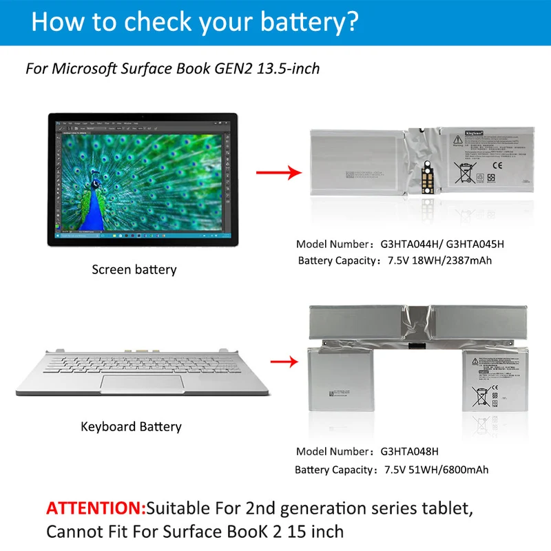 G3HTA048H Battery for Microsoft Surface Book 2 13.5-inch 1832 1834 51Wh