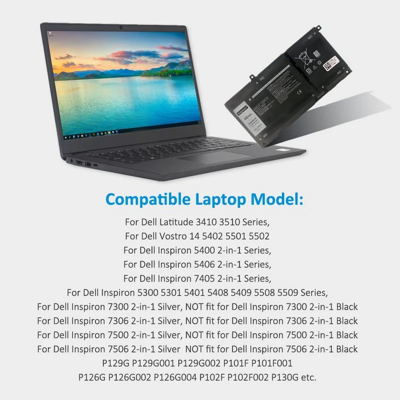 JK6Y6 Laptop Battery Replacement For Dell Latitude 3410 3510 Vostro 14 5402 5501 5502 Inspiron 5300 5301 5401 5408 5508 5509 5406 7300 7506 2-in-1 Silver Series | KingSener
