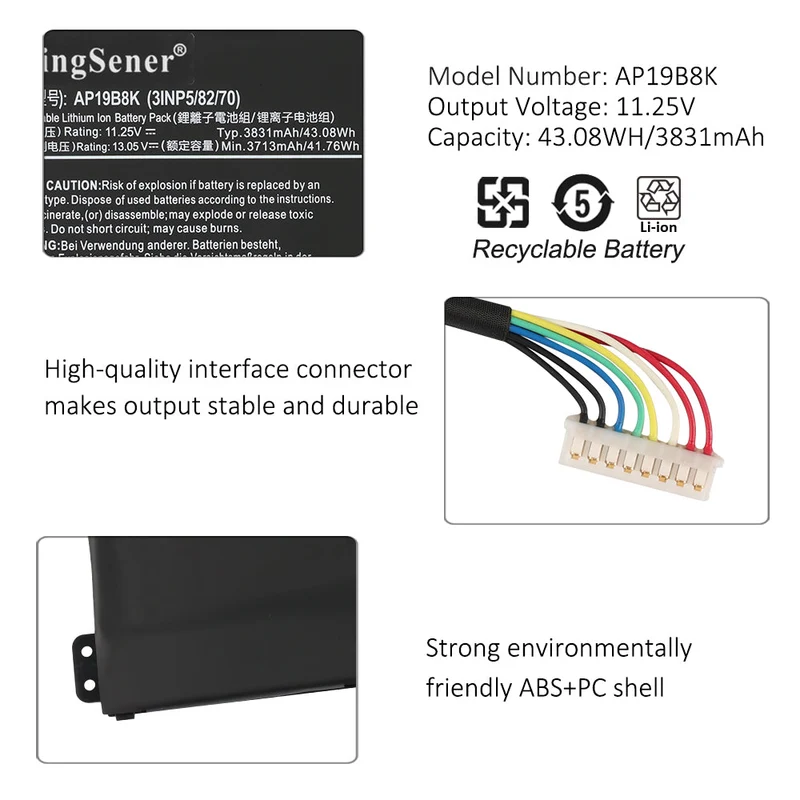 AP19B8K Laptop Battery for Acer Aspire A315 Swift 3 SF314 TravelMate TMP214 — 43.08Wh 11.25V