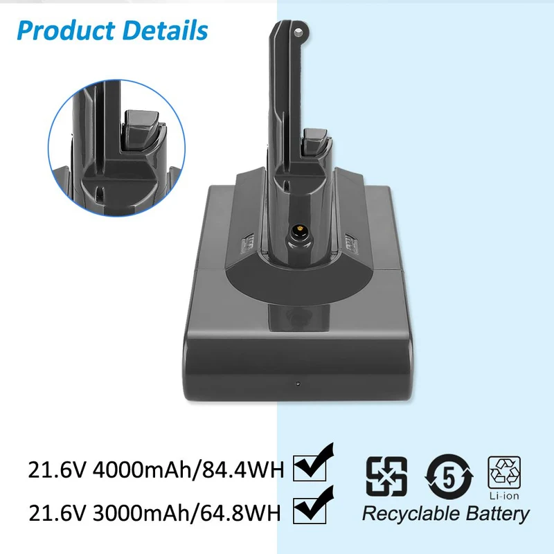Dyson V8 SV10 Battery Replacement for Absolute Animal Fluffy Motorhead — 21.6V 3000mAh 64.8Wh