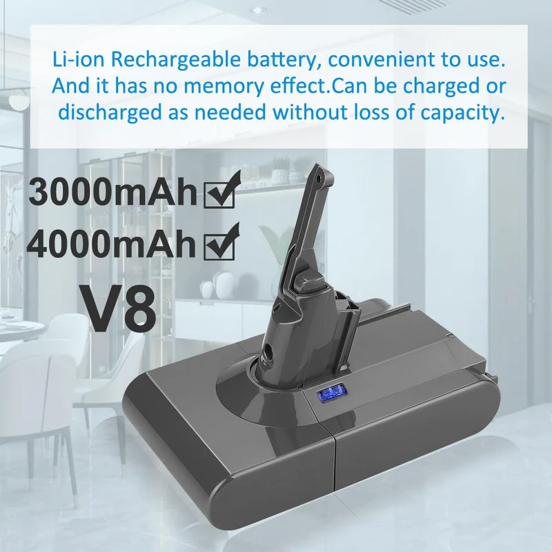 Dyson V8 SV10 Battery Replacement for Absolute Animal Fluffy Motorhead — 21.6V 3000mAh 64.8Wh