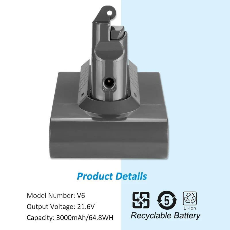 Dyson V6 Battery for DC58 DC59 DC61 DC62 SV03 SV04 SV05 — 21.6V 3000mAh 64.8Wh