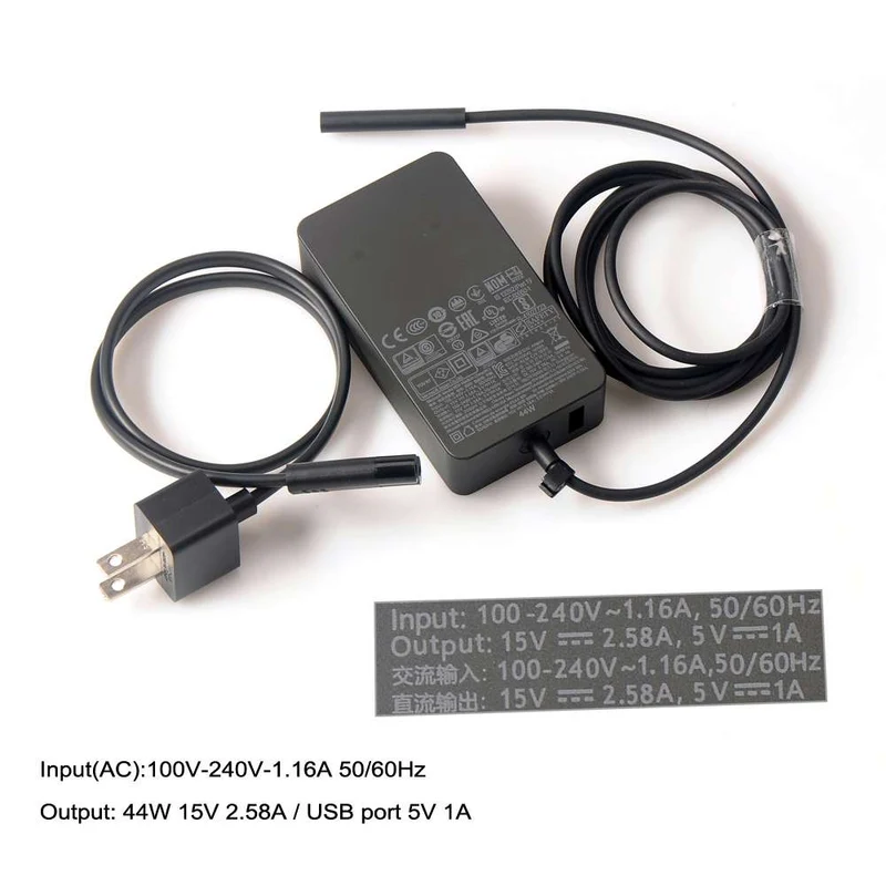 1800 44W Charger for Microsoft Surface Pro Laptop Book Go — 15V 2.58A with USB Port