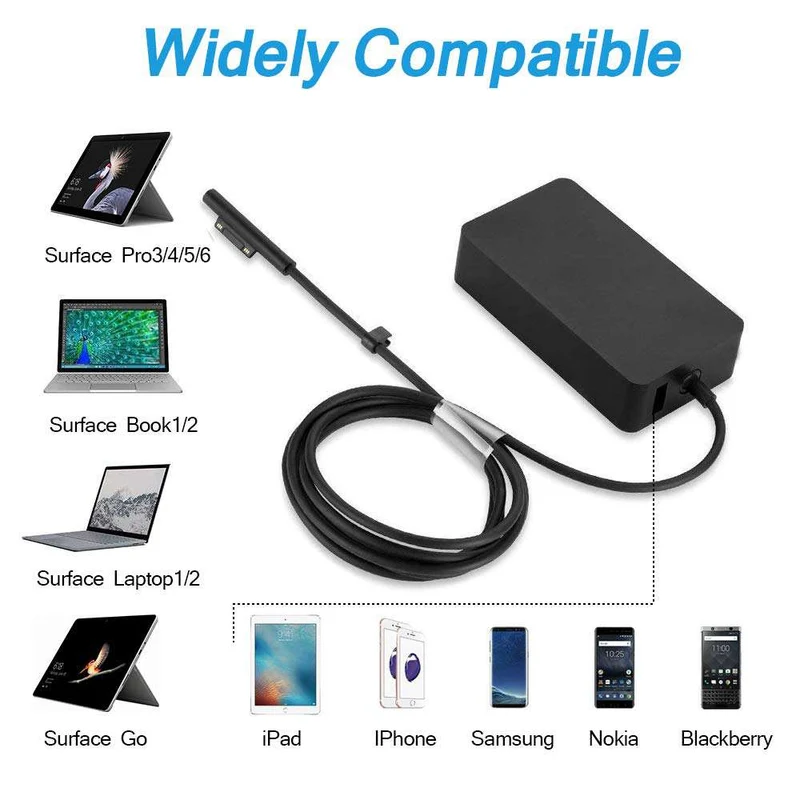 1800 44W Charger for Microsoft Surface Pro Laptop Book Go — 15V 2.58A with USB Port