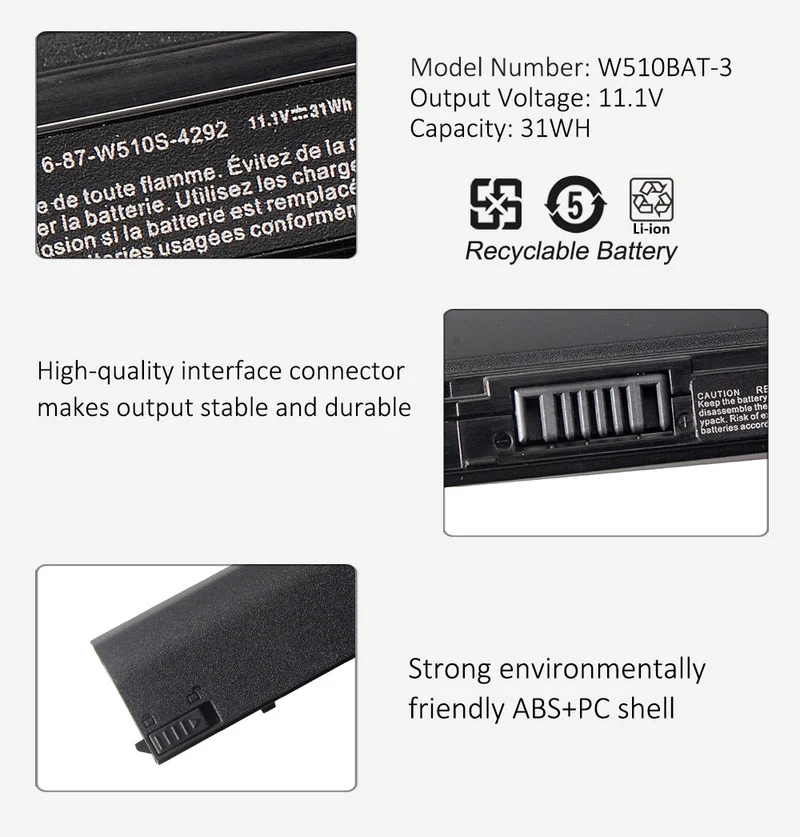 W510BAT-3 Battery for CLEVO W510LU W510S W510TU W515LU W515PU — 11.1V 31Wh