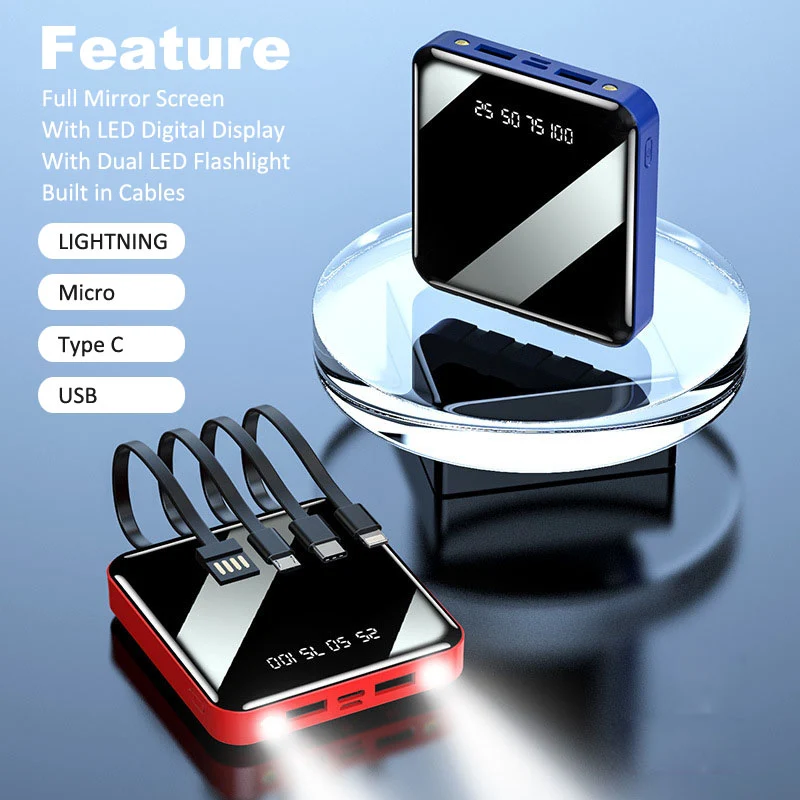 20000mAh Power Bank with 4 Built-in Cables — LED Display Portable Charger for iPhone Samsung