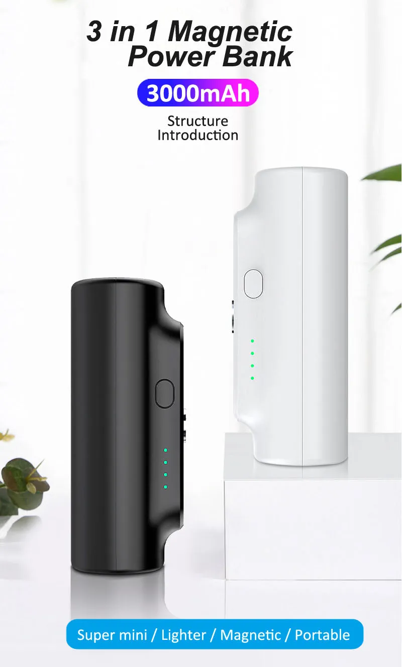 M-01 Magnetic Power Bank 3000mAh — 3-in-1 Mini Wireless Charger for iPhone Android
