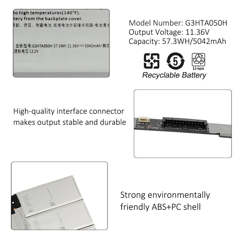 G3HTA049H Replacement Battery for Microsoft Surface Book 2 13.5” Keyboard (11.36V, 59.4Wh, 5218mAh)