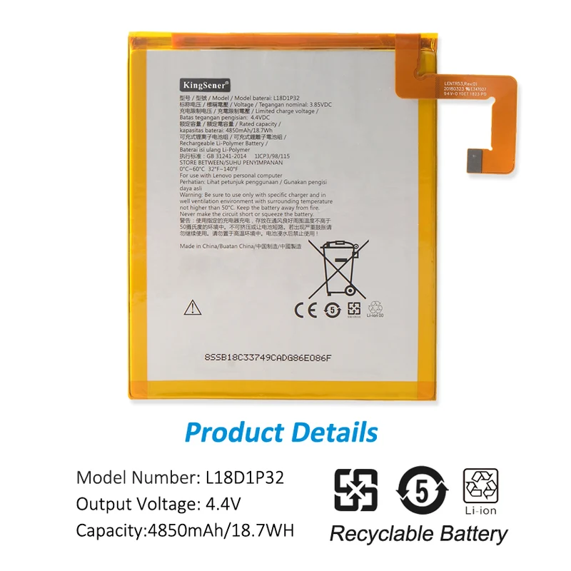L18D1P32 Tablet Battery for Lenovo Tab M10 10.1inch TB-X505F TB-X505L TB-X505X TB-X605F TB-X605L TB-X605M 4850mAh
