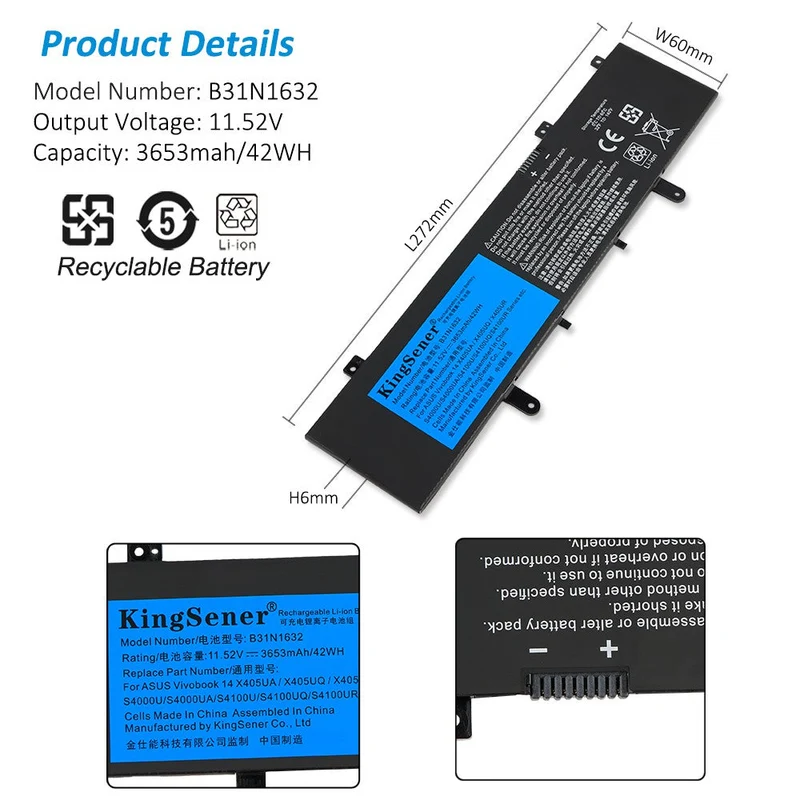 B31N1632 Battery for ASUS VivoBook 14 X405 X405UA X405UQ ZenBook S4100U — 11.52V 42Wh