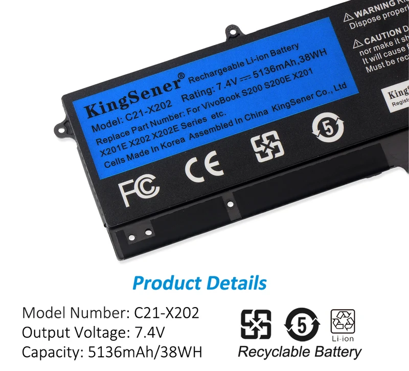 C21-X202 Battery for ASUS VivoBook S200 S200E X201 X201E X202 X202E — 7.4V 38Wh