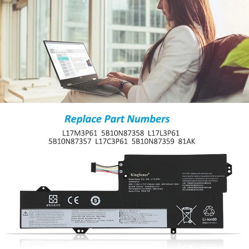 L17L3P61 L17M3P61 L17C3P61 Laptop Battery for Lenovo IdeaPad 320S-13IKB Yoga 720-12IKB Flex 6-11IGM Xiaoxin 7000-13 — 11.52V 36Wh