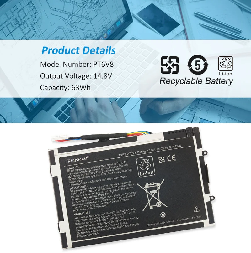 PT6V8 Laptop Battery for Dell Alienware M11x M14x R1 R2 R3 63WH 14.8V