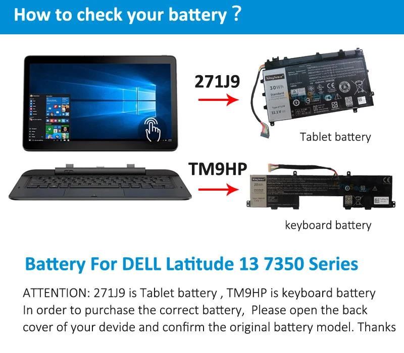 TM9HP Keyboard Dock Battery for Dell Latitude 13 7350 — 7.4V 20Wh