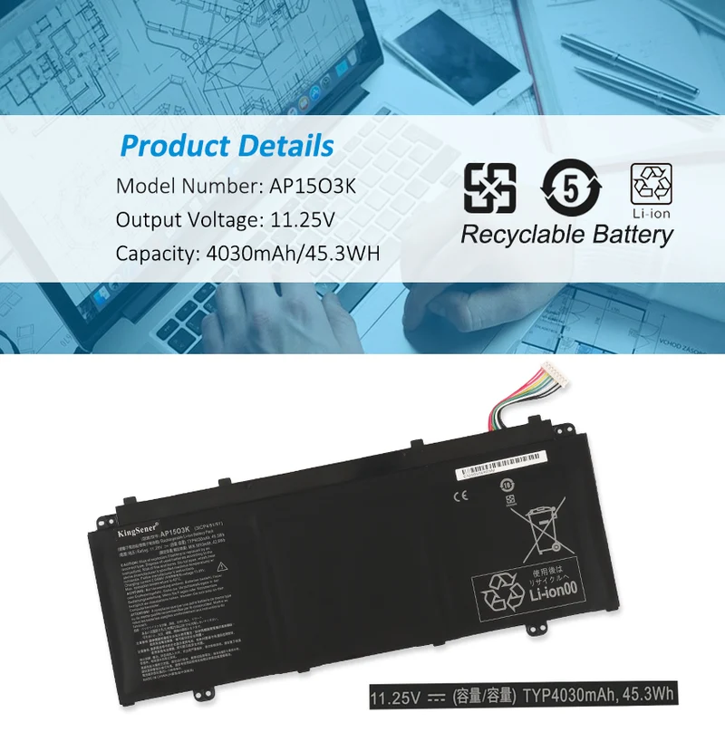 AP15O3K Battery for Acer Aspire S13 S5-371 S5-371T — 11.25V 45Wh