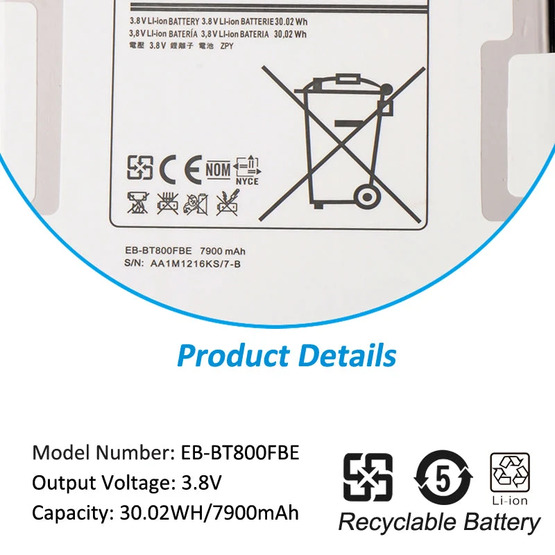 EB-BT800FBE Battery for Samsung Galaxy Tab S 10.5 SM-T800 SM-T805 — 3.8V 7900mAh