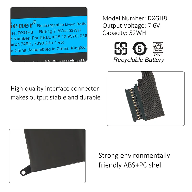DXGH8 Battery for Dell XPS 13 9370 9380 Inspiron 7390 — 7.6V 52Wh