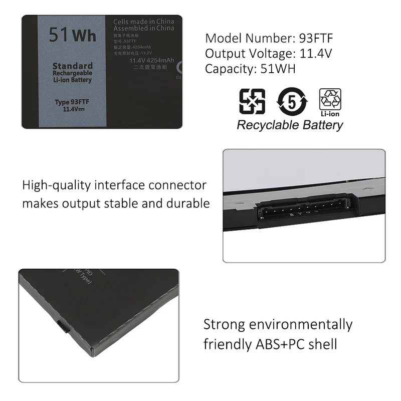 93FTF Battery for Dell Latitude 5480 5490 5580 5590 — 11.4V 51Wh