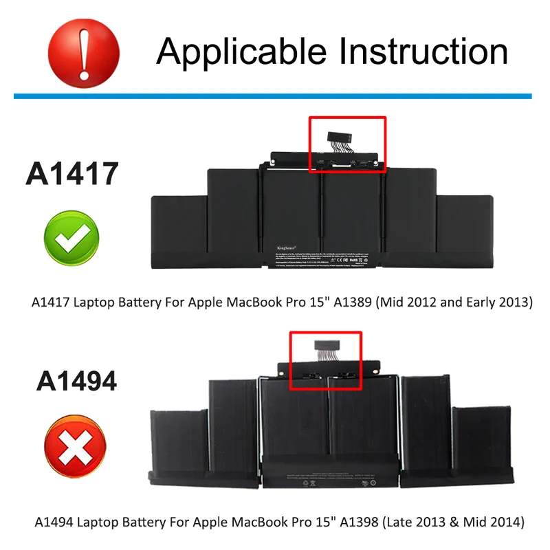 A1417 Battery for Apple MacBook Pro 15" Retina A1398 (Mid 2012 Early 2013) — 10.95V 95Wh