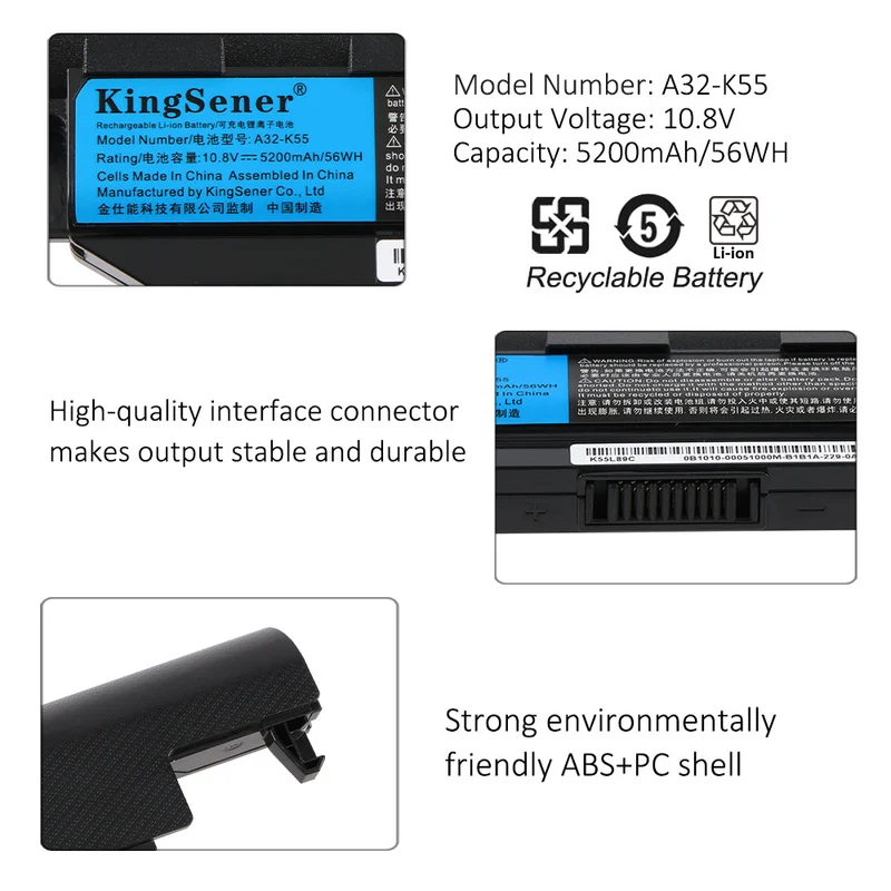 A32-K55 Battery for ASUS A45 A55 K55 K75 X45 X55 X75 A85 K95 R400 R500 R700 U57 56Wh 10.8V