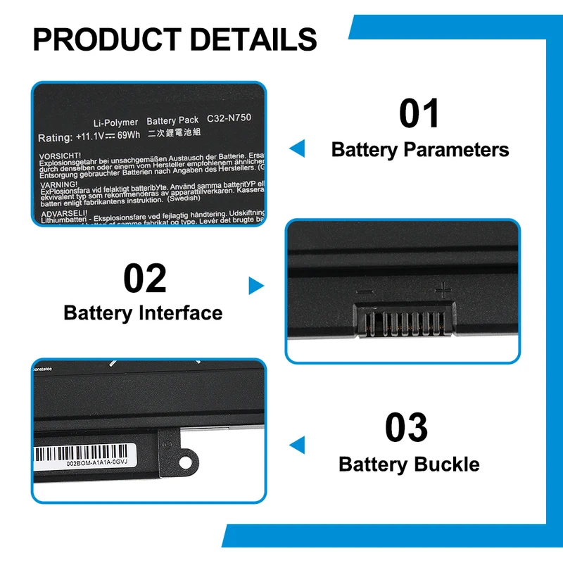 C32-N750 Laptop Battery for ASUS N750 N750J N750JK N750JV — 11.1V 69Wh