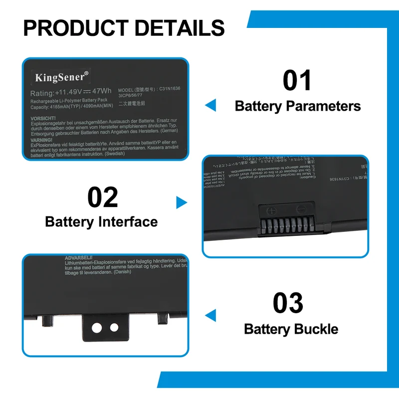 C31N1636 Laptop Battery for ASUS N580VN / N580VD / X580V Series — 11.49V 47Wh