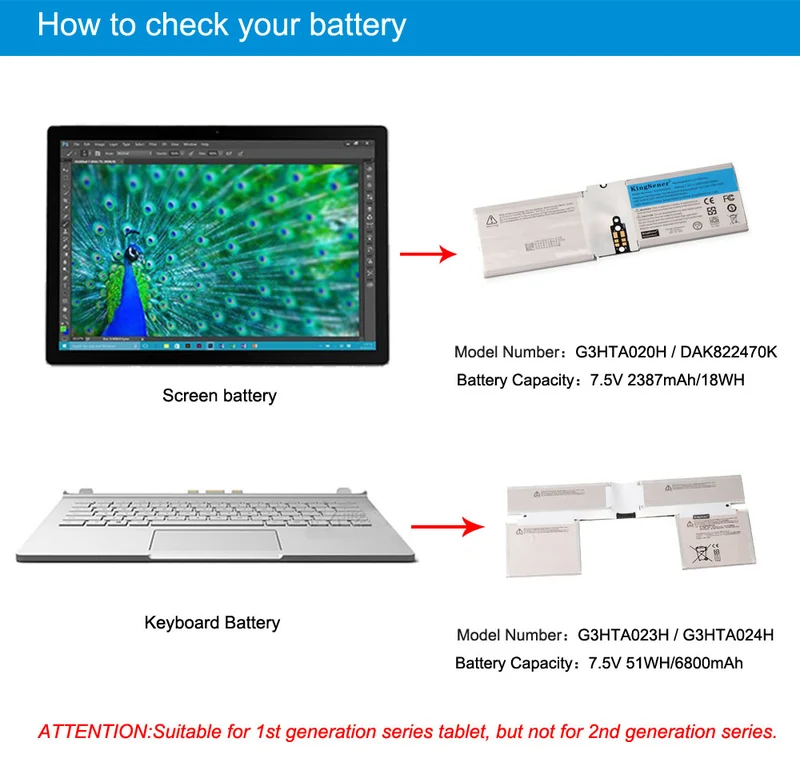 G3HTA020H Screen Battery for Microsoft Surface Book 1 13.5" (1703 1704 1705) — 7.5V 18Wh