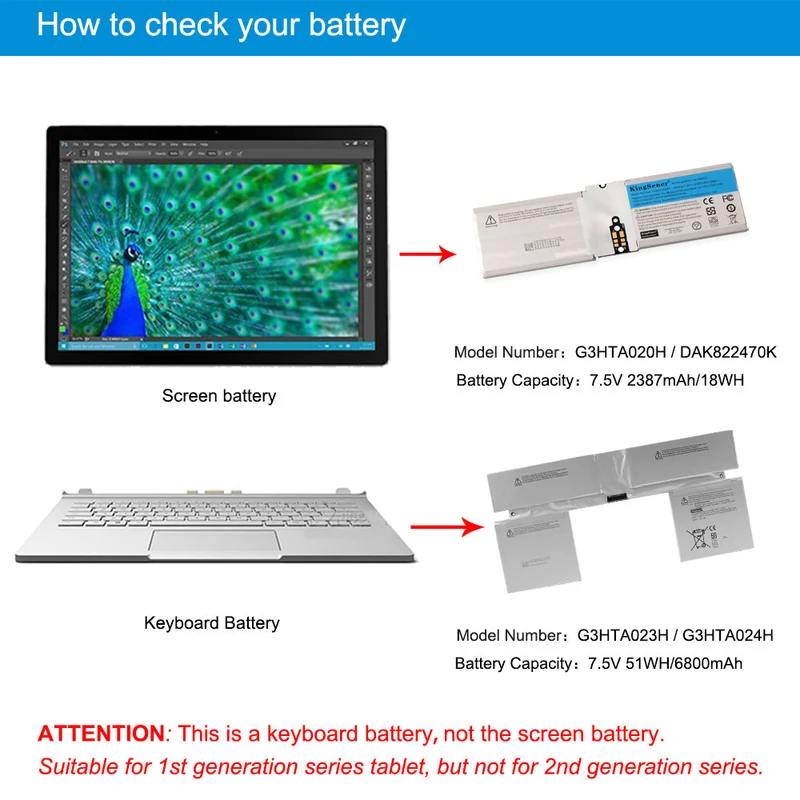 G3HTA024H Keyboard Base Battery for Microsoft Surface Book 1 13.5" (1703 1704 1705) — 7.5V 51Wh