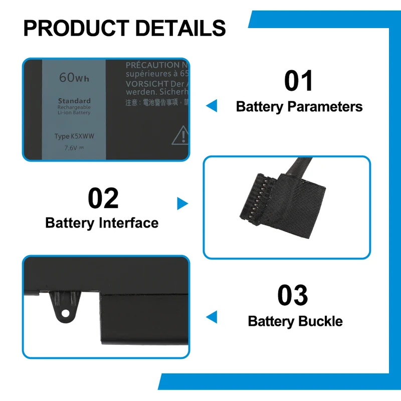 K5XWW P29S 6CYH6 71TG4 725KY N18GG Replacement Battery for Dell Latitude 5289 7389 7390 2-in-1 — 7.6V 60Wh