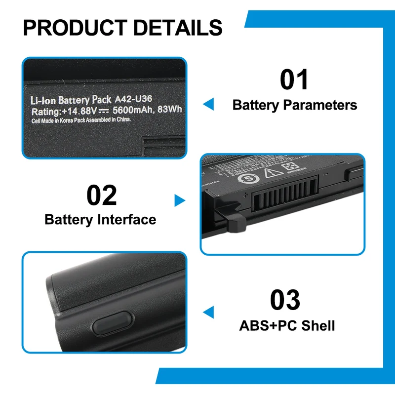 A42-U36 Replacement Laptop Battery for ASUS U36 U36J U36S U36SD U36JC U36SG U36K — 14.88V 83Wh