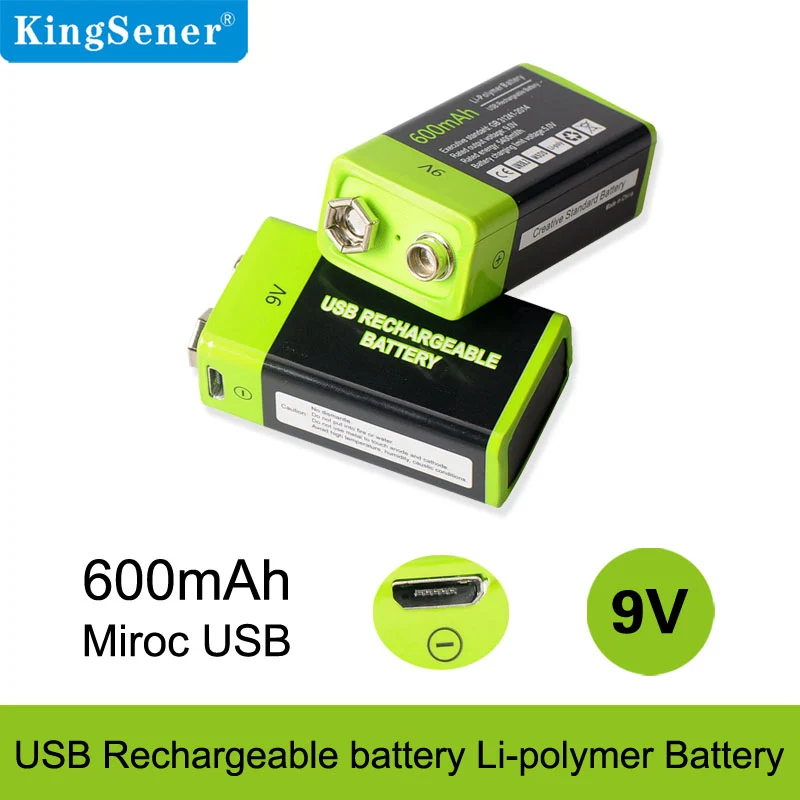 9V 600mAh USB Rechargeable 6F22 Battery for Walkie-Talkie Thermometry Gun Smoke Detector