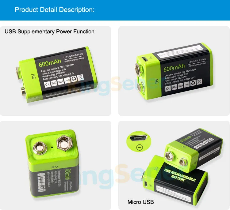 9V 600mAh USB Rechargeable 6F22 Battery for Walkie-Talkie Thermometry Gun Smoke Detector