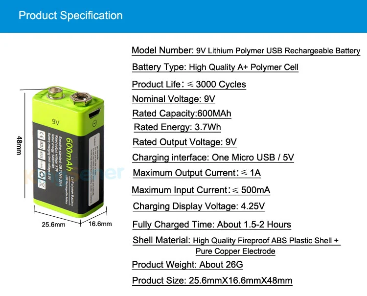 9V 600mAh USB Rechargeable 6F22 Battery for Walkie-Talkie Thermometry Gun Smoke Detector